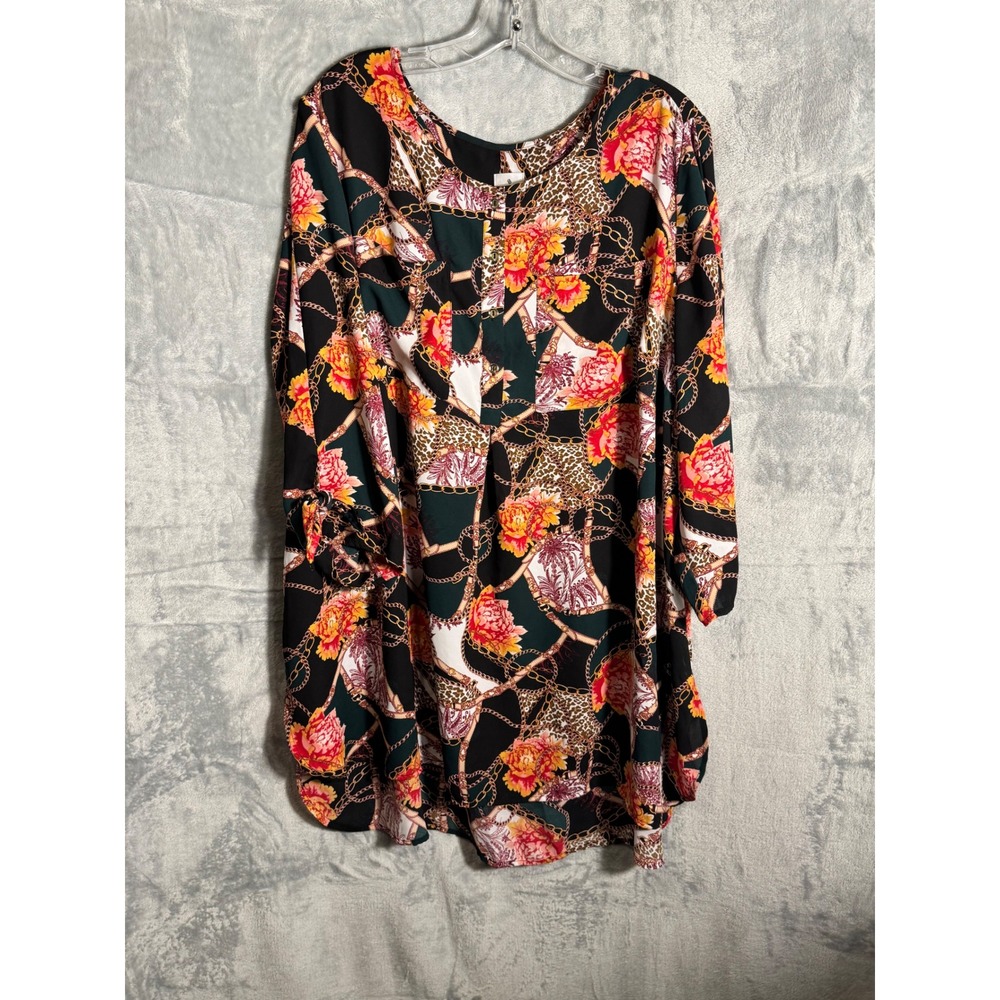 DressBarn 3X Women's Plus Boho Chain Floral Print Long Sleeve Tunic‎ Top Shirt